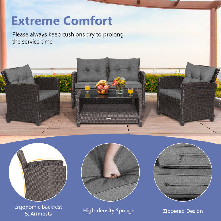 4 Pieces Patio Rattan Conversation Furniture Set with Glass Top Coffee Table
