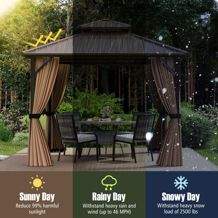 10 x 10 Feet Hardtop Gazebo with Netting and Curtain and Double-Roof Galvanized Metal Top