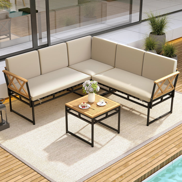 Outdoor 4 Pieces Patio L-Shaped Sofa Set with Cushions and Side Table