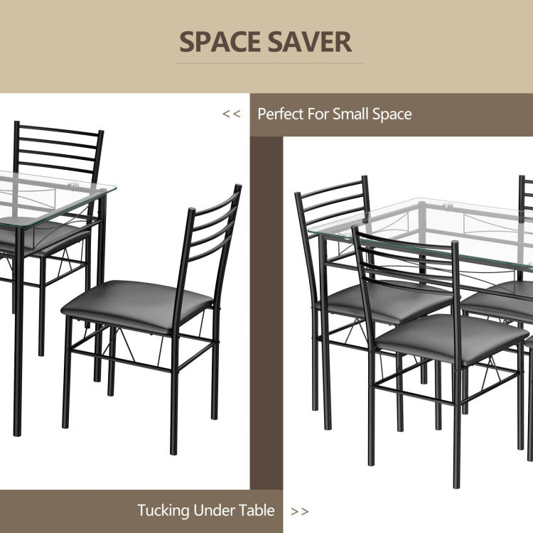 Modern 5 Pieces Dining Set with Tempered Glass Top Table and 4 Upholstered Chairs