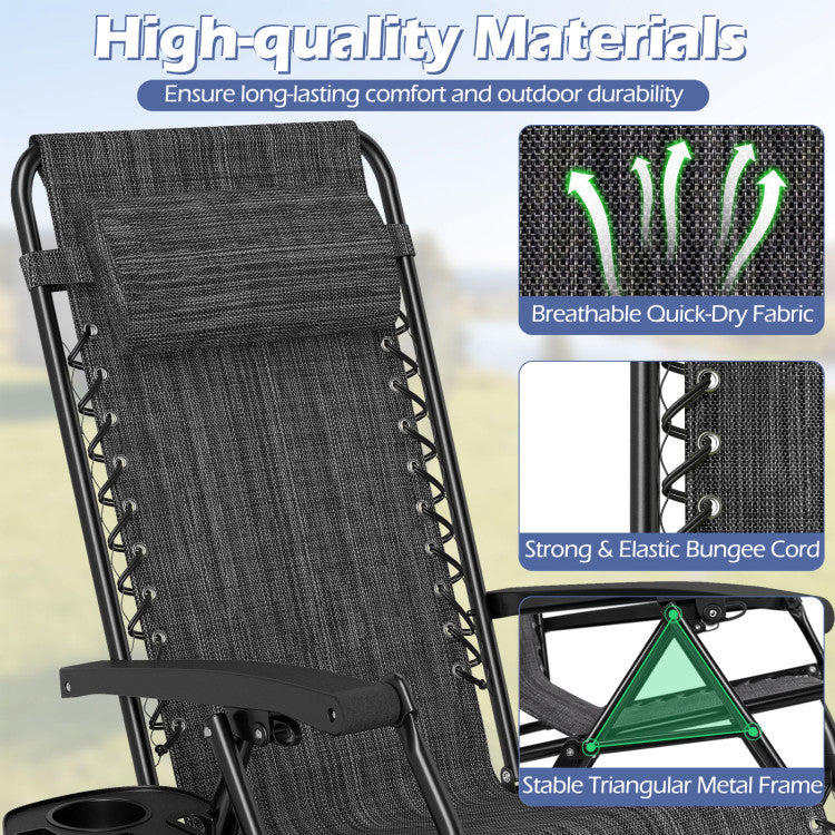 New Set of 2 Portable Zero Gravity Chairs with Cup Holder Trays and Backrest Set of 2