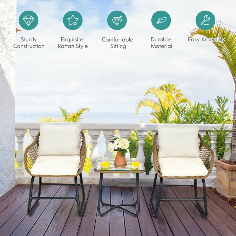 New Outdoor 3-Piece Patio Bistro Set with 2 Rattan Chairs and Square Glass Coffee Table