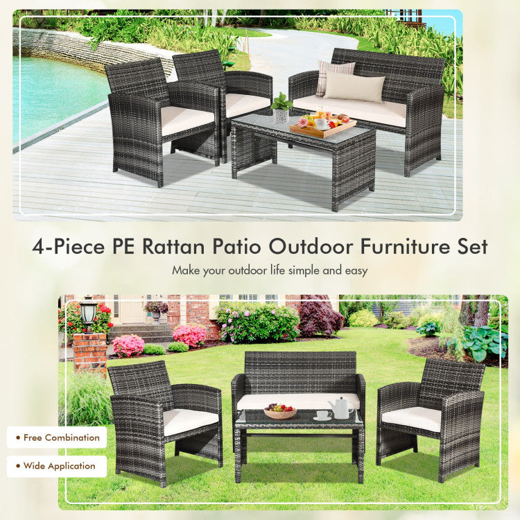 Outdoor 4 Pieces Patio Rattan Furniture Set with Glass Table and Loveseat