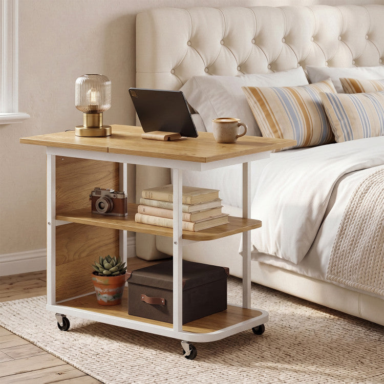 New Mobile Night Stand with Foldable Swivel Top and 2-Tier Shelf for Small Spaces