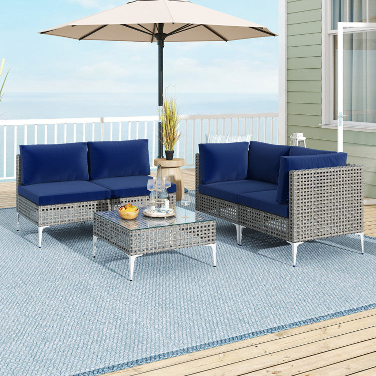 5 Piece Outdoor Furniture Set Patio Rattan Chairs with Tempered Glass Coffee Table