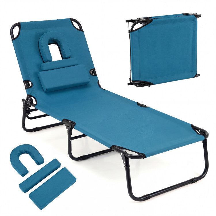 Outdoor Folding Face Down Tanning Chair with Face Hole 3 Removable Pillows