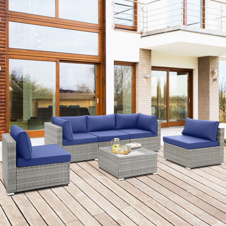 Outdoor 6 Piece Patio Conversation Sofa Set with Tempered Glass Coffee Table
