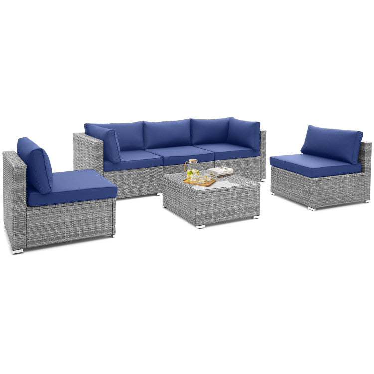 Outdoor 6 Piece Patio Conversation Sofa Set with Tempered Glass Coffee Table