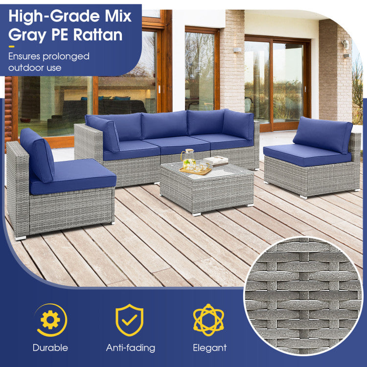 Outdoor 6 Piece Patio Conversation Sofa Set with Tempered Glass Coffee Table