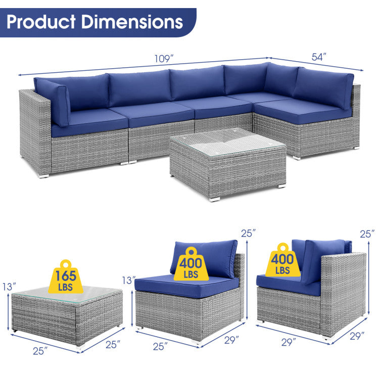 Outdoor 6 Piece Patio Conversation Sofa Set with Tempered Glass Coffee Table