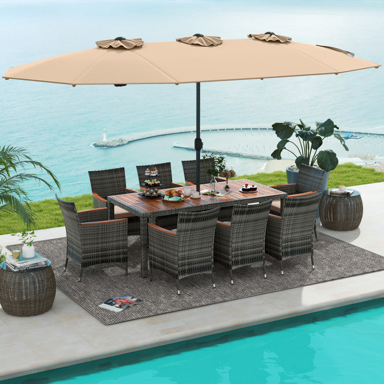 10 Pieces Wicker Outdoor Dining Set for 8 with 15 Feet Patio Umbrella