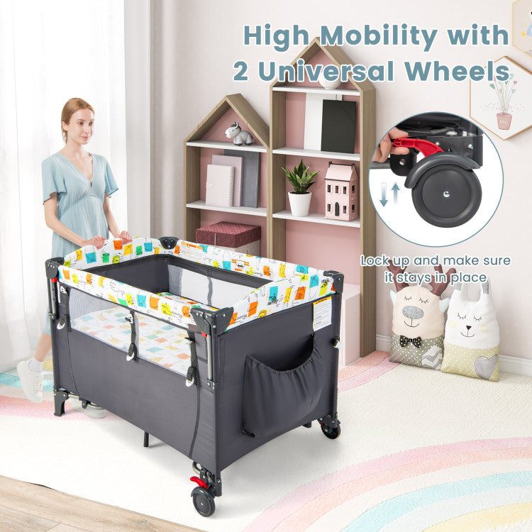 5-in-1 Foldable Baby Playpen Bedside Crib with Music Box
