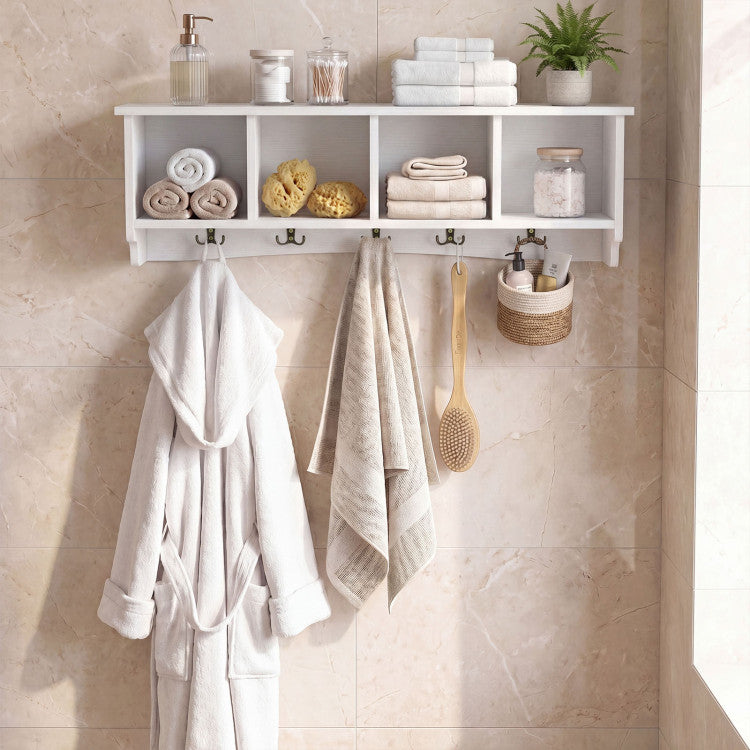 New Wall-Mounted Wooden Shelf Coat Rack with 4 Cubbies and 5 Double Hooks
