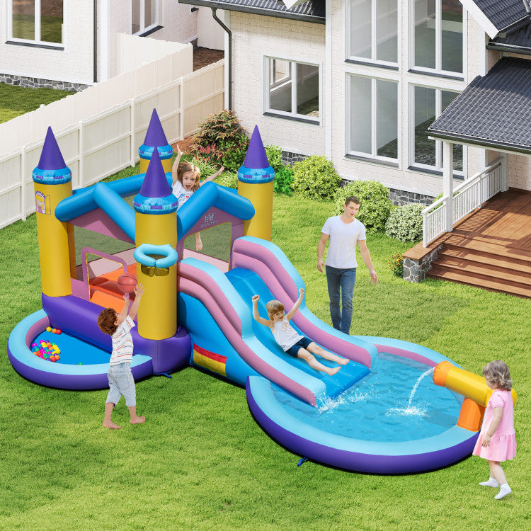 Outdoor 6-in-1 Inflatable Kids Water Park with 678W Blower