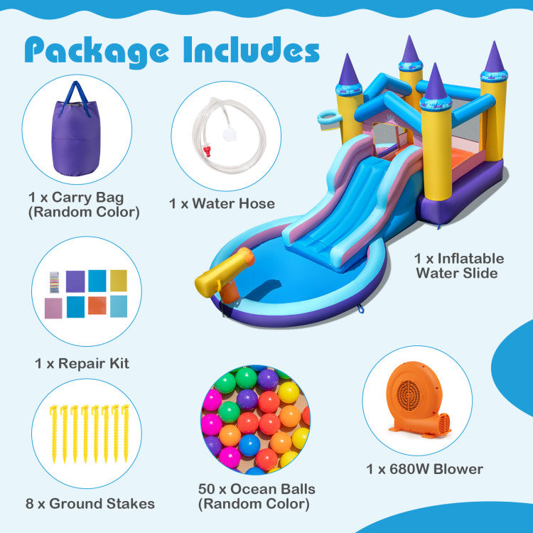 Outdoor 6-in-1 Inflatable Kids Water Park with 678W Blower