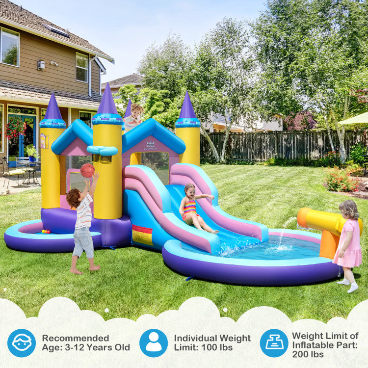 Outdoor 6-in-1 Inflatable Kids Water Park with 678W Blower