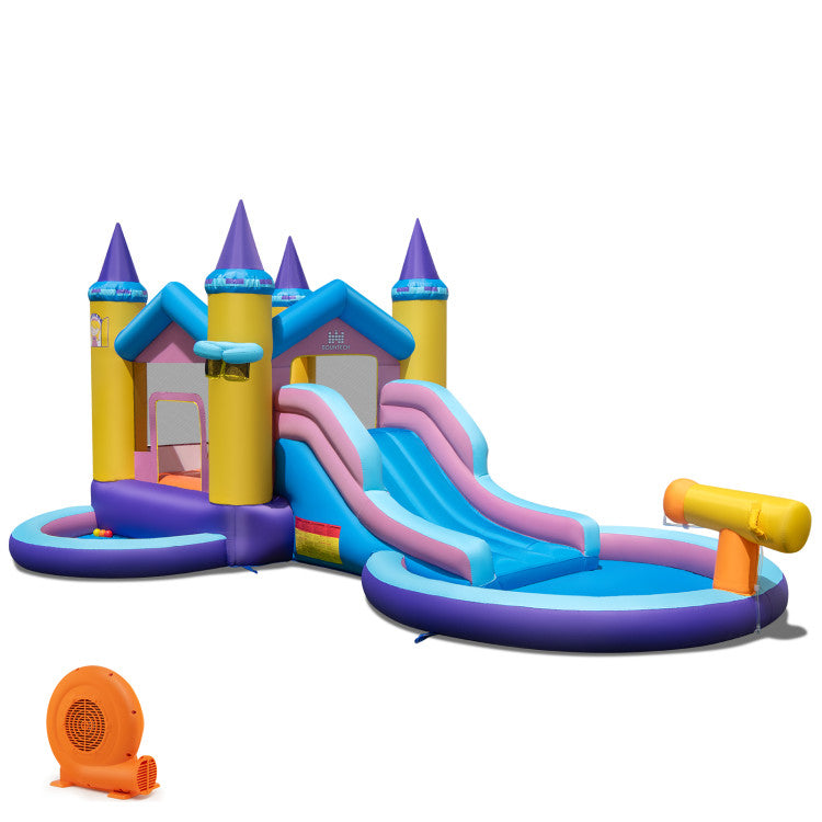 Outdoor 6-in-1 Inflatable Kids Water Park with 678W Blower