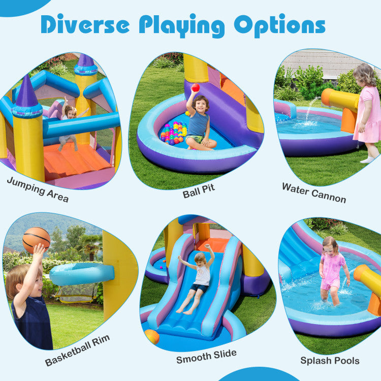 Outdoor 6-in-1 Inflatable Kids Water Park with 678W Blower