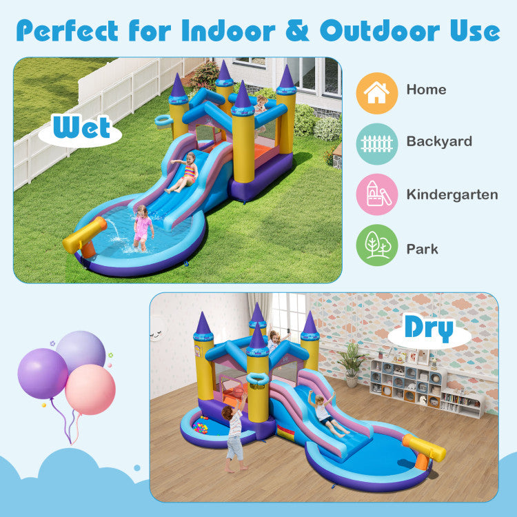 Outdoor 6-in-1 Inflatable Kids Water Park with 678W Blower