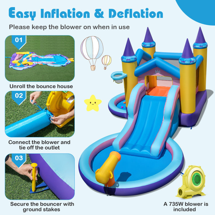 Outdoor 6-in-1 Inflatable Kids Water Park with 678W Blower