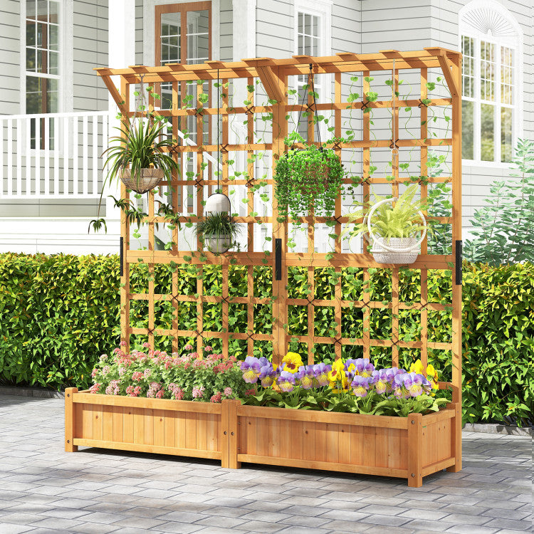 Outdoor 71 Inches Large Wooden Planter Container with Trellis and Hanging Roof