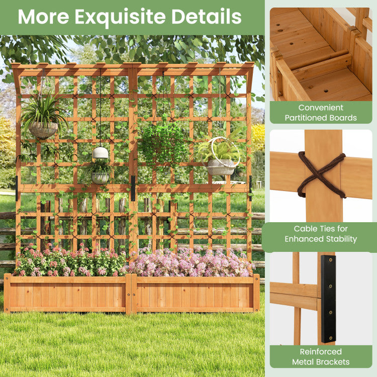 Outdoor 71 Inches Large Wooden Planter Container with Trellis and Hanging Roof