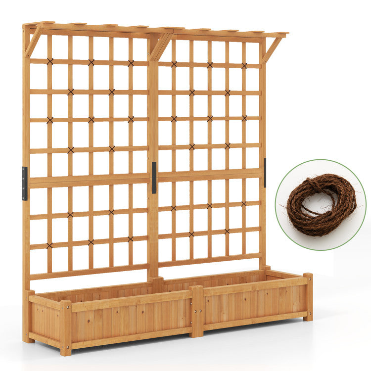 Outdoor 71 Inches Large Wooden Planter Container with Trellis and Hanging Roof