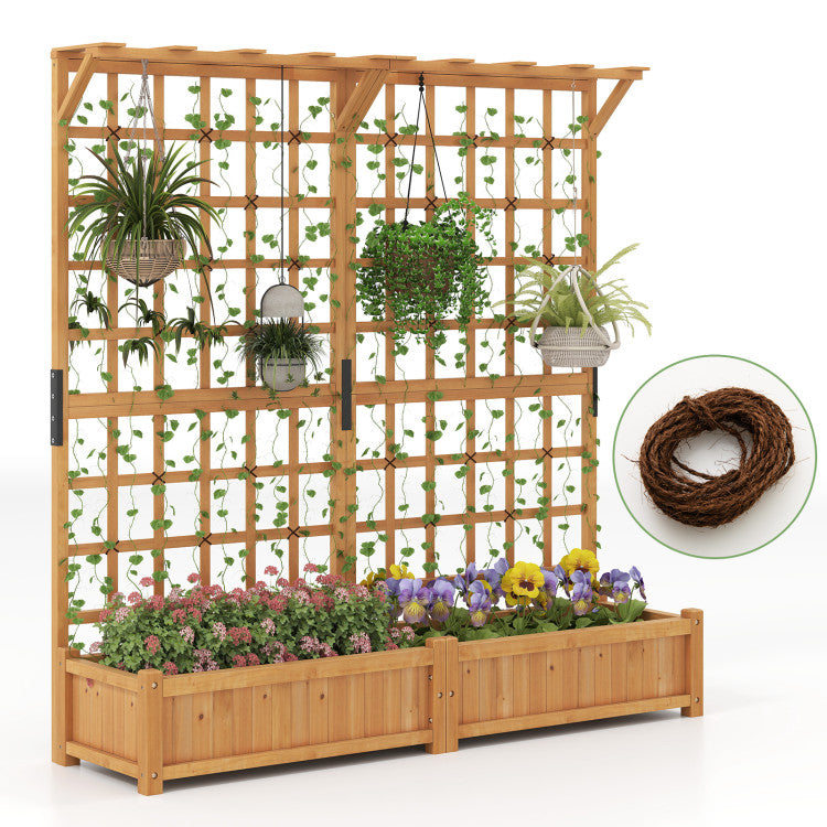 Outdoor 71 Inches Large Wooden Planter Container with Trellis and Hanging Roof
