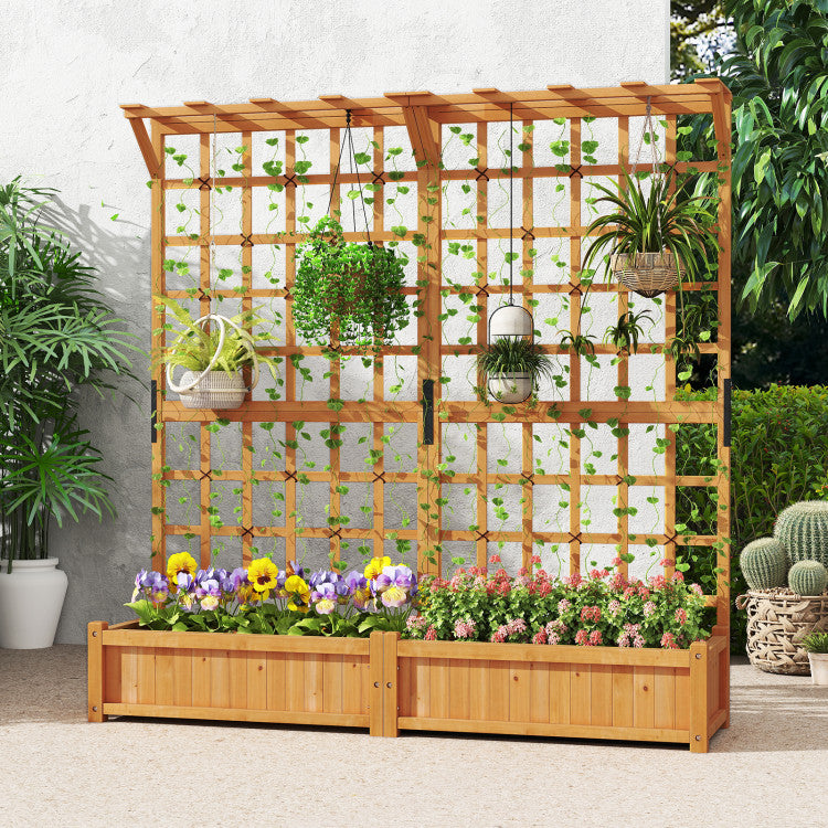 Outdoor 71 Inches Large Wooden Planter Container with Trellis and Hanging Roof