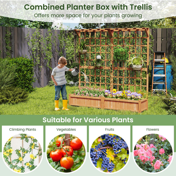 Outdoor 71 Inches Large Wooden Planter Container with Trellis and Hanging Roof