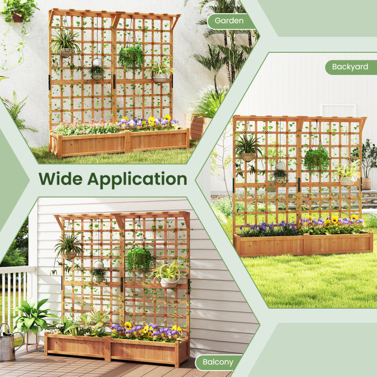 Outdoor 71 Inches Large Wooden Planter Container with Trellis and Hanging Roof