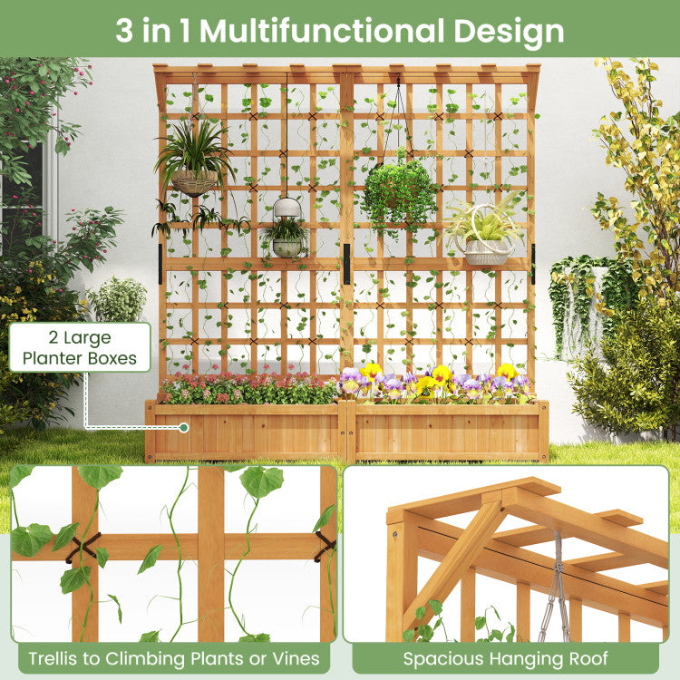 Outdoor 71 Inches Large Wooden Planter Container with Trellis and Hanging Roof