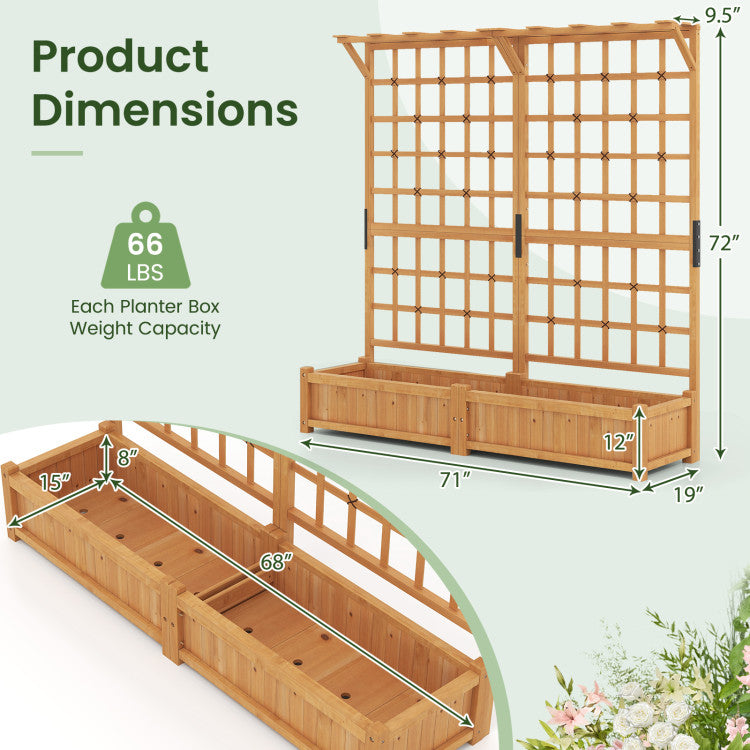 Outdoor 71 Inches Large Wooden Planter Container with Trellis and Hanging Roof