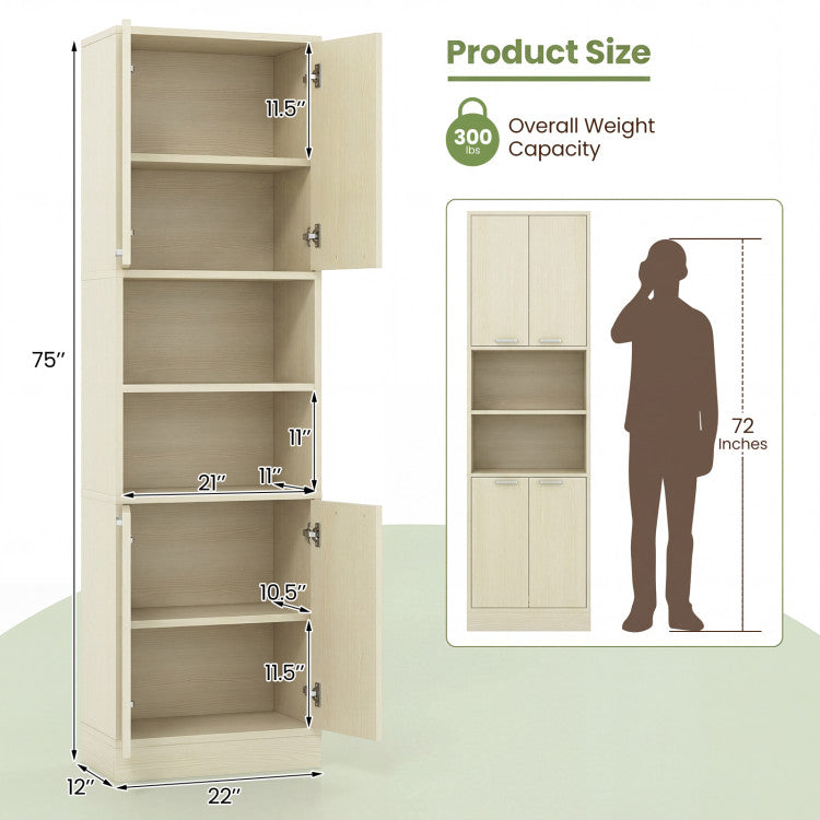 Home 75 Inch Kitchen Pantry Cabinet Tall Cupboard with Doors and Shelves