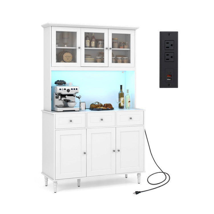 Home 77 Inches Kitchen Pantry Storage Cabinet with LED Lights and Power Outlets