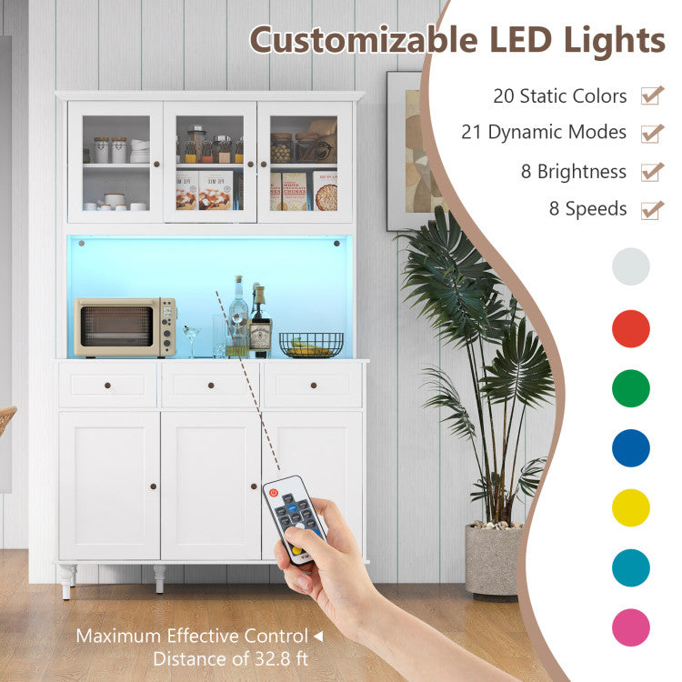 Home 77 Inches Kitchen Pantry Storage Cabinet with LED Lights and Power Outlets