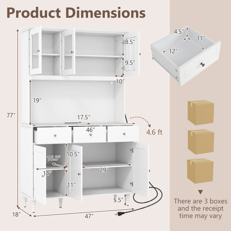 Home 77 Inches Kitchen Pantry Storage Cabinet with LED Lights and Power Outlets