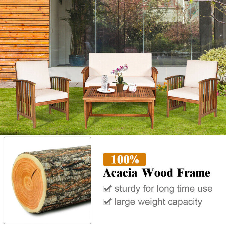 Outdoor Acacia Wood 4 Pieces Patio Solid Wood Furniture Set with Water Resistant Cushions
