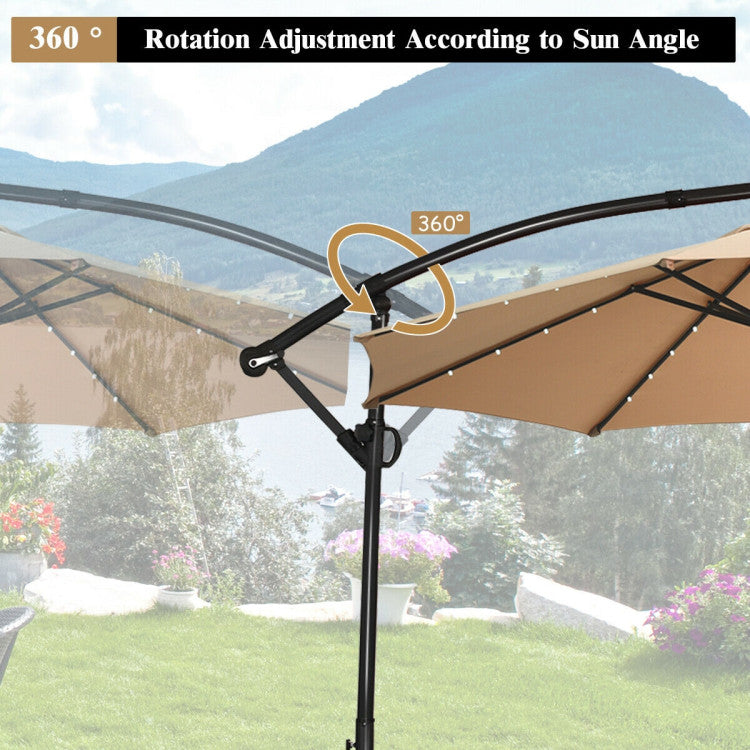 Outdoor 10 Feet 360° Rotation Solar Powered LED Patio Offset Umbrella without Weight Base