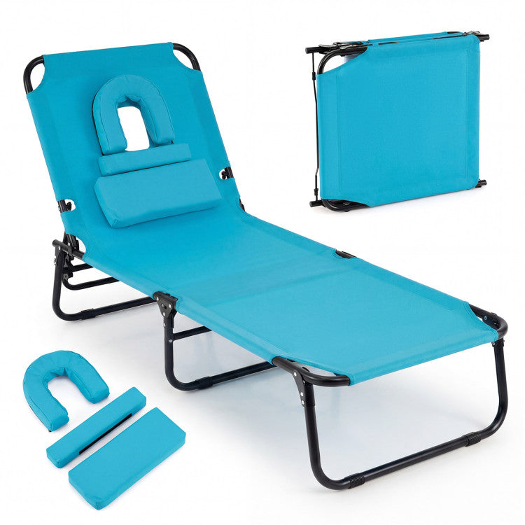 Outdoor Folding Face Down Tanning Chair with Face Hole 3 Removable Pillows