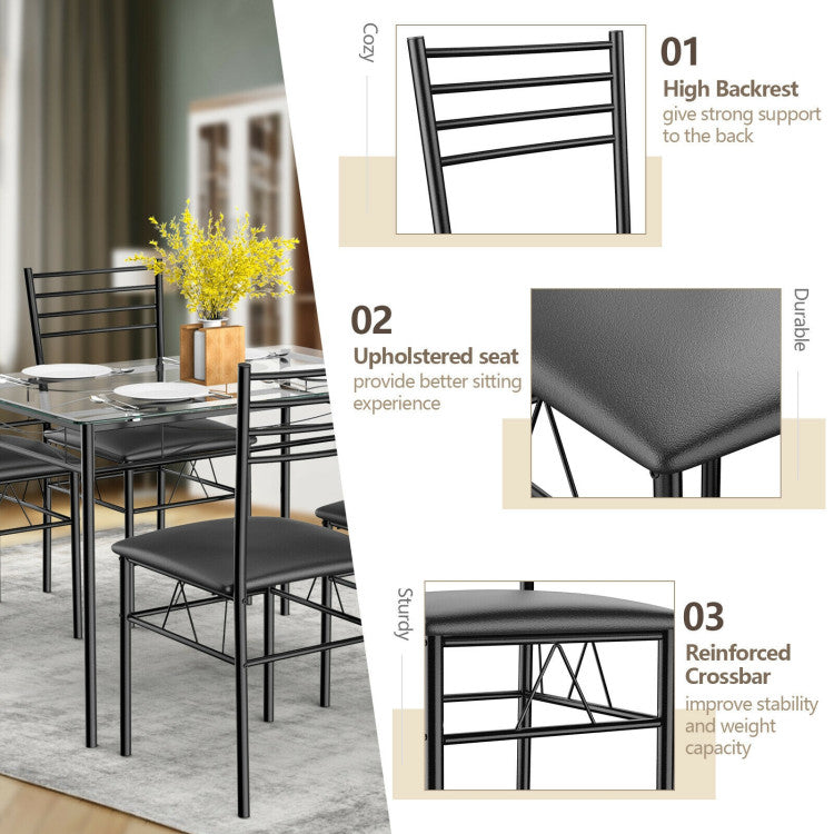 Modern 5 Pieces Dining Set with Tempered Glass Top Table and 4 Upholstered Chairs