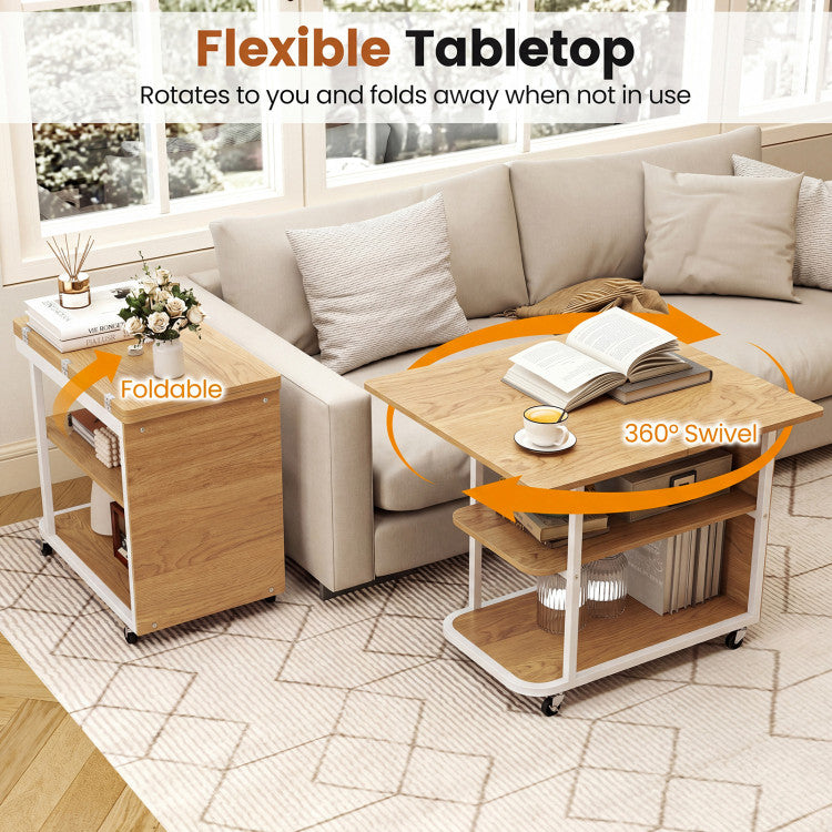 New Mobile Night Stand with Foldable Swivel Top and 2-Tier Shelf for Small Spaces