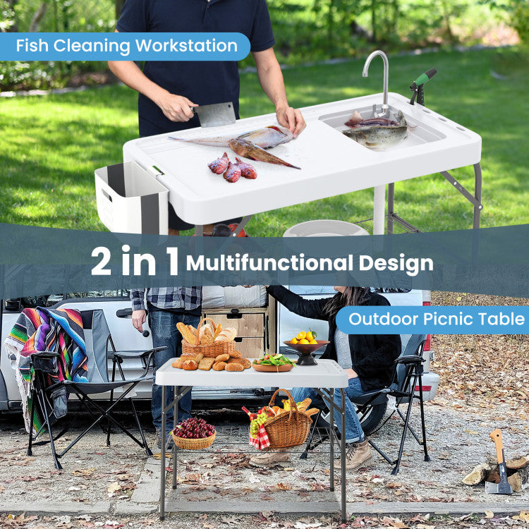 New Outdoor 2 in 1 Folding Fish Cleaning Table with Sink and Faucet for Patio BBQ