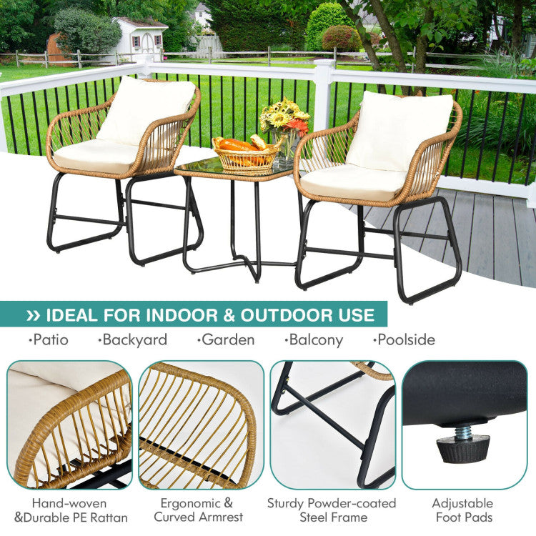 New Outdoor 3-Piece Patio Bistro Set with 2 Rattan Chairs and Square Glass Coffee Table