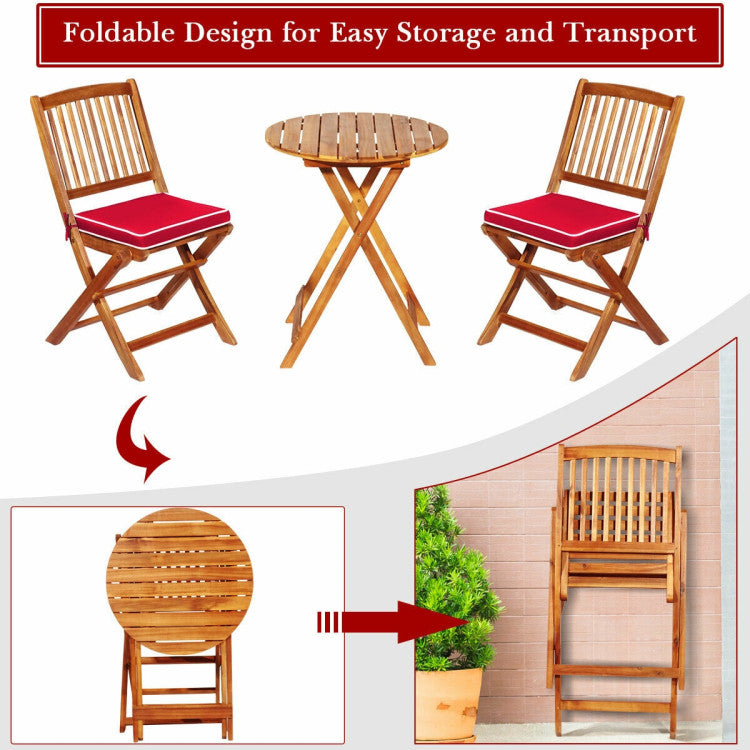 New Outdoor 3 Pieces Patio Folding Bistro Set with Padded Cushion and Round Coffee Table