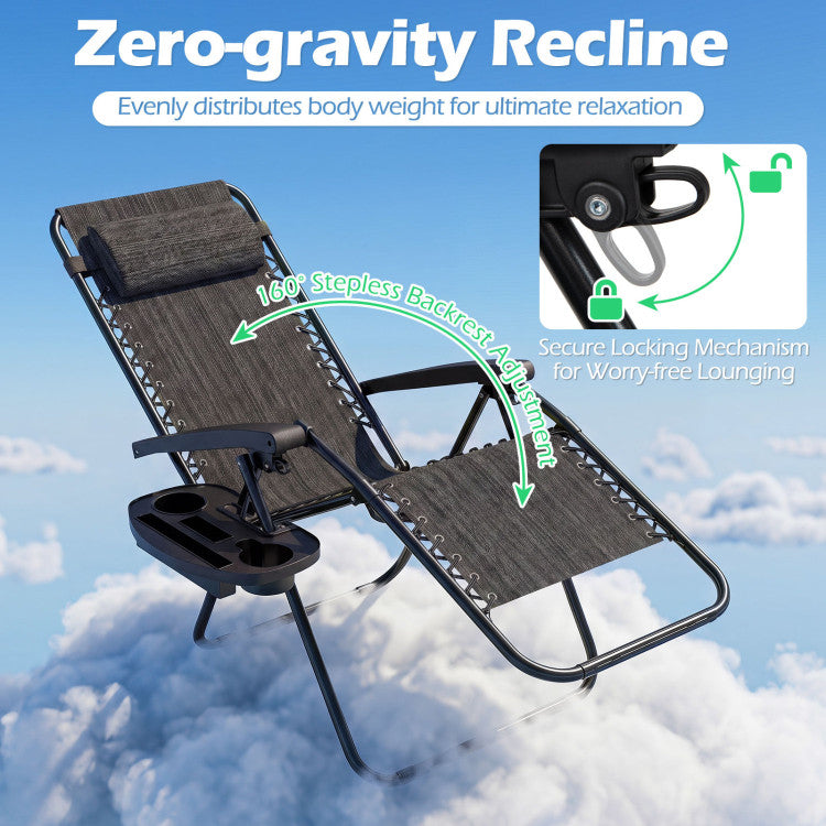New Set of 2 Portable Zero Gravity Chairs with Cup Holder Trays and Backrest Set of 2