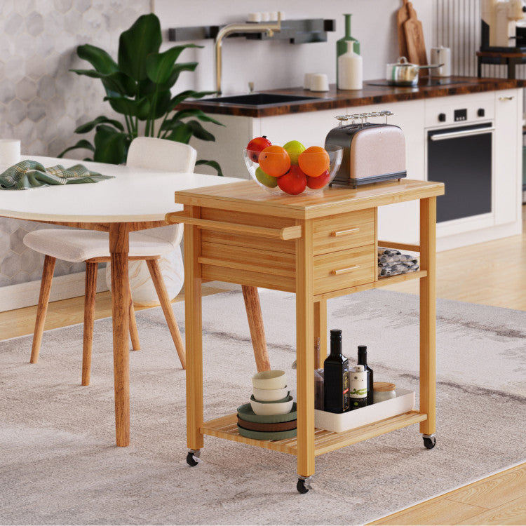 Modern Bamboo Kitchen Trolley Cart with Tower Rack and Drawers