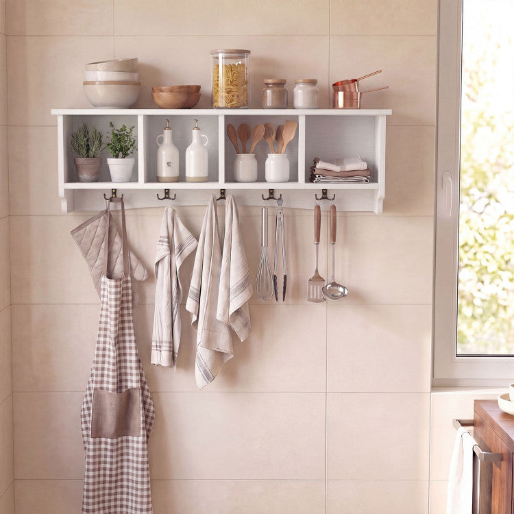 New Wall-Mounted Wooden Shelf Coat Rack with 4 Cubbies and 5 Double Hooks