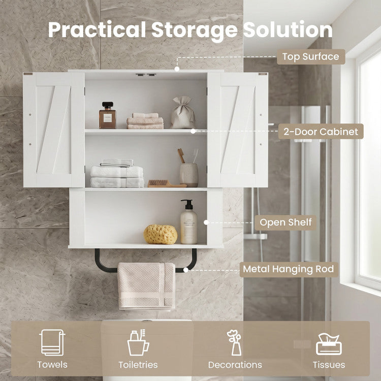 New Bathroom Wall Cabinet with 2 Barn Doors and Towel Bar and 3-Tier Wooden Storage