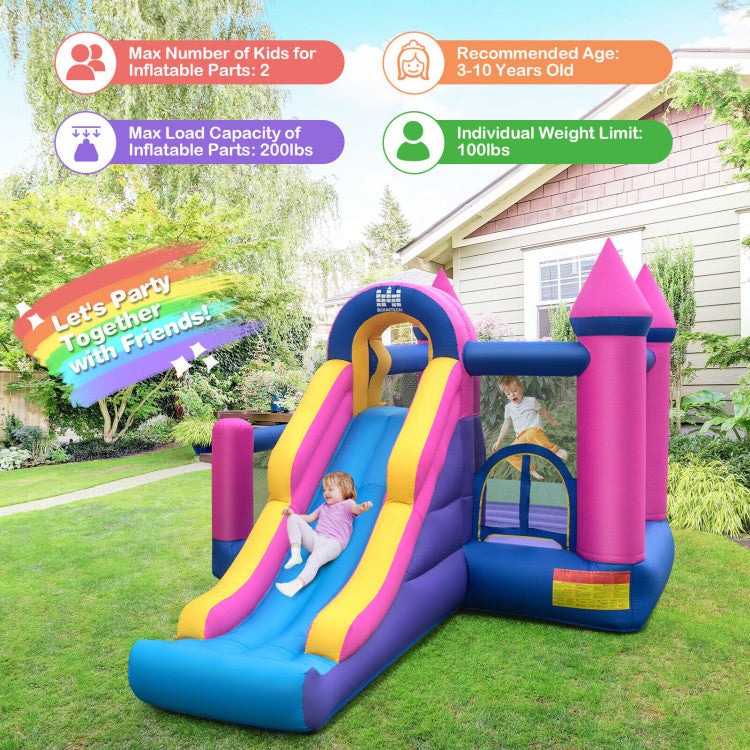 Outdoor Kids 7-in-1 Kids Inflatable Bounce House with Long Slide and 735W Blower